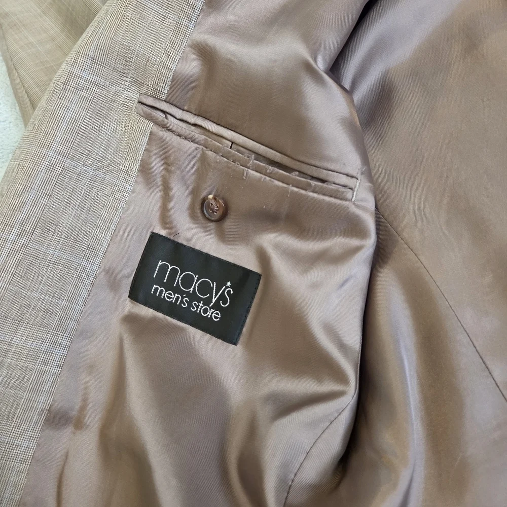 Lauren Ralph Lauren Blazer Men's 100% Wool 42L Tan Beige Glen Plaid Sport Coat